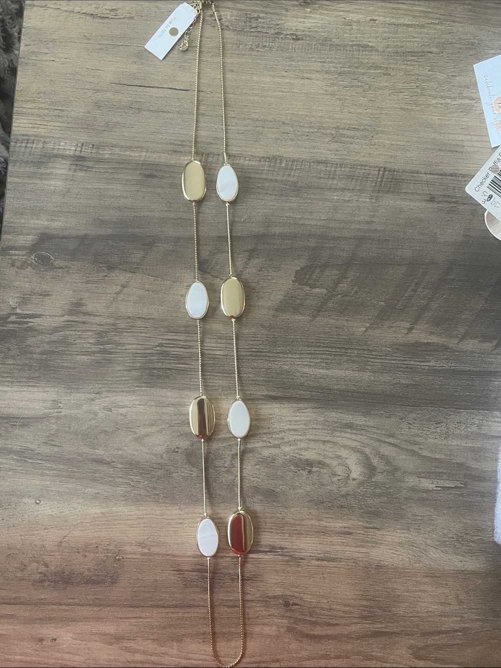 Gold Long Station Necklace with White Oval Accents